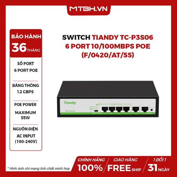 Switch TIANDY TC-P3S06 6 Port 10/100Mbps PoE (F/0420/AT/55)
