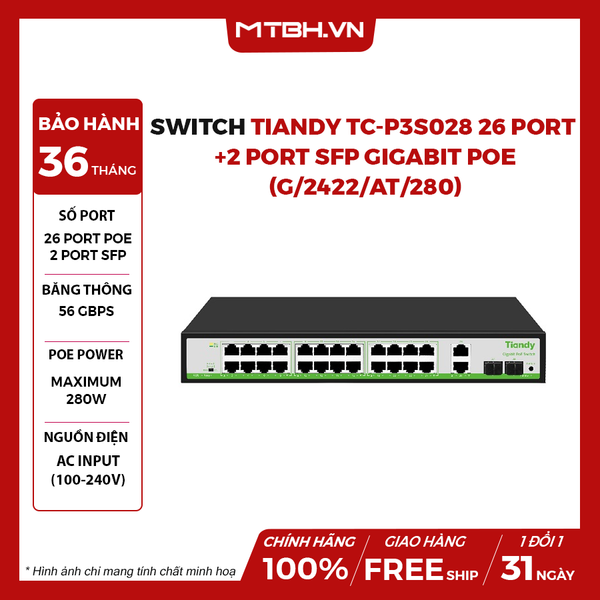 Switch TIANDY TC-P3S028 26 Port Gigabit + 2 Port SFP Gigabit PoE (G/2422/AT/280)
