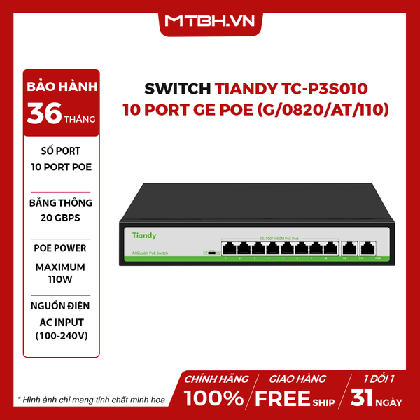 Switch TIANDY TC-P3S010 10 Port GE PoE (G/0820/AT/110)