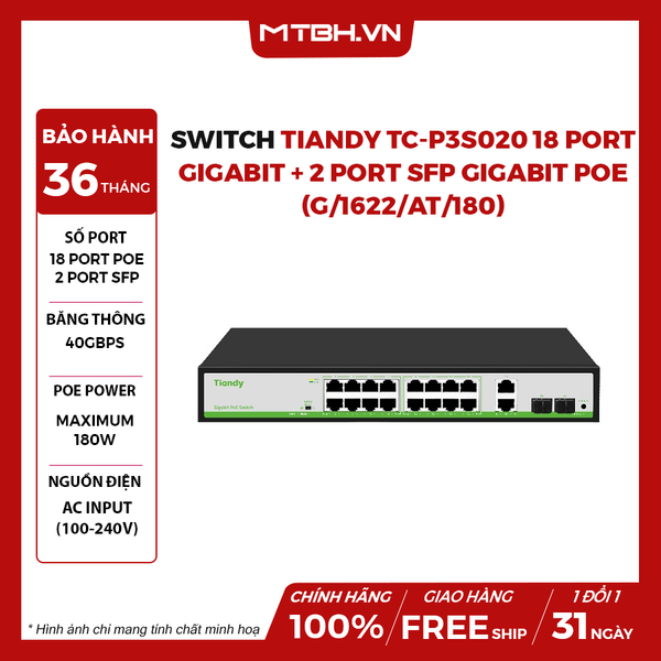 Switch TIANDY TC-P3S020 18 Port Gigabit + 2 Port SFP Gigabit PoE (G/1622/AT/180)