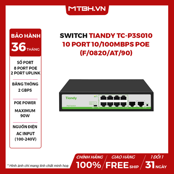 Switch TIANDY TC-P3S010 10 Port 10/100Mbps PoE (F/0820/AT/90)