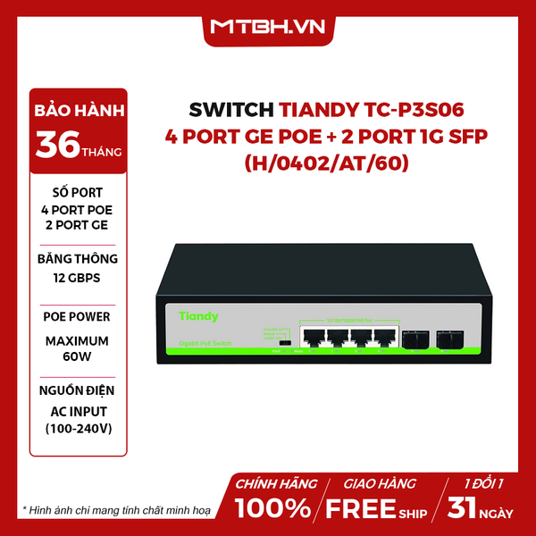 Switch TIANDY TC-P3S06 4 Port GE PoE + 2 Port 1G SFP (H/0402/AT/60)