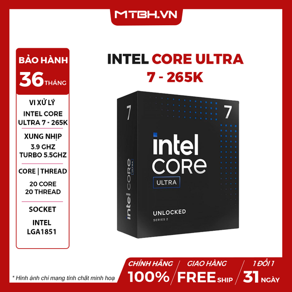CPU Intel Core Ultra 7 265K (Up 5.5GHz, 20 Nhân 20 Luồng, Arrow Lake-S) Box Chính Hãng
