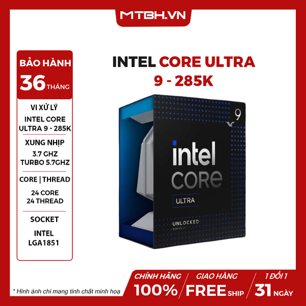 CPU Intel Core Ultra 9 285K (Up 5.7 GHz, 24 Nhân 24 Luồng, Arrow Lake-S) BOX CHÍNH HÃNG