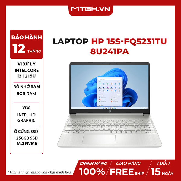 LAPTOP HP 15s-fq5231TU 8U241PA Core i3-1215U | 8GB RAM | 256GB SSD | Intel Graphics | 15.6' FHD | Win 11