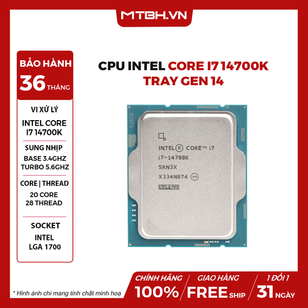 CPU Intel Core i7 14700K (Up to 5.6GHz 20 cores 28 threads 33M) Tray Gen 14