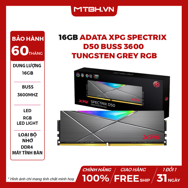 RAM DDR4 16GB ADATA XPG SPECTRIX D50 BUSS 3600 TẢN NHIỆT TUNGSTEN GREY RGB
