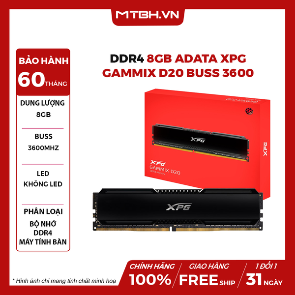 RAM DDR4 8GB ADATA XPG GAMMIX D20 BUSS 3600 TẢN NHIỆT NHÔM BLACK