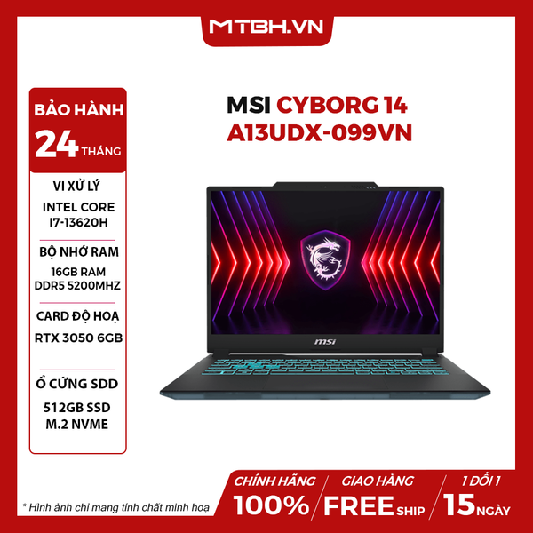 LAPTOP GAMING MSI CYBORG 14 A13UDX-099VN CORE i7-13620H | RTX 3050 6GB | 16GB RAM | 512GB SSD | 14