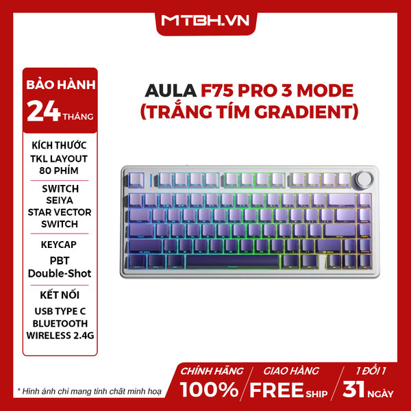 BÀN PHÍM CƠ AULA F75 GAMING PRO 3 MODE (Trắng Tím Gradient, Seiya/Star Vector Switch)