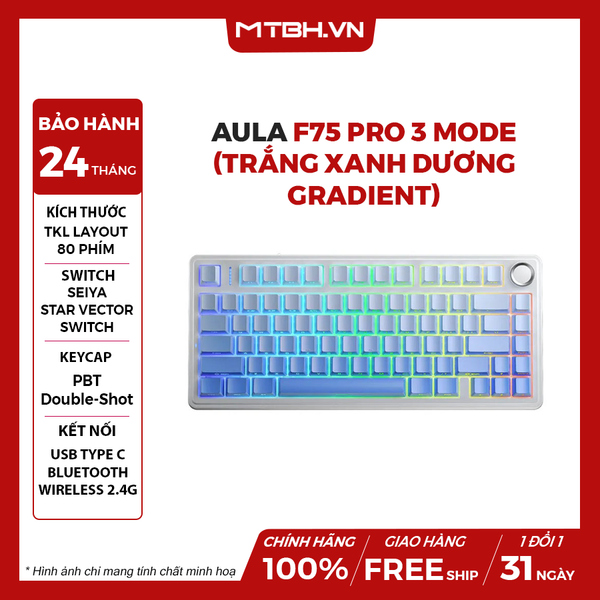 BÀN PHÍM CƠ AULA F75 GAMING PRO 3 MODE (trắng xanh dương gradient, Seiya/Star Vector Switch)