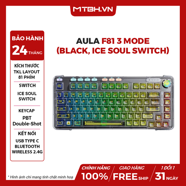 BÀN PHÍM CƠ GAMING AULA F81 3 MODE(Black, Ice soul switch)