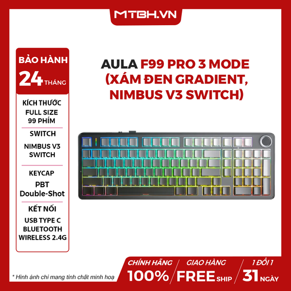 BÀN PHÍM CƠ GAMING AULA F99 PRO 3 MODE CÓ NÚM XOAY (xám đen gradient, Nimbus V3 Switch)