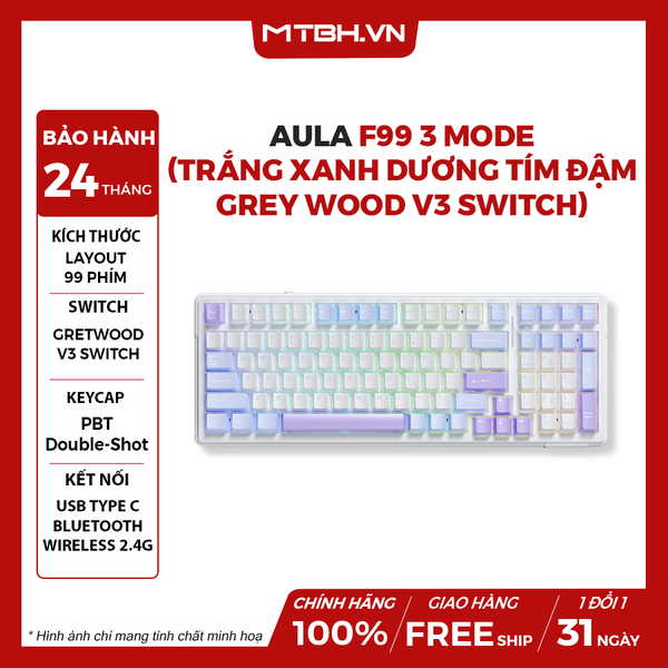 BÀN PHÍM CƠ AULA F99 3 MODE (TRẮNG XANH DƯƠNG TÍM ĐẬM, Grey Wood V3 Switch)