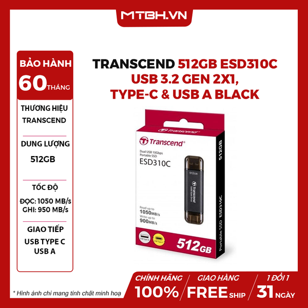 Ổ Cứng di Động SSD Transcend 512GB ESD310C, USB 3.2 Gen 2x1, Type-C & USB A, Black (TS512GESD310C)
