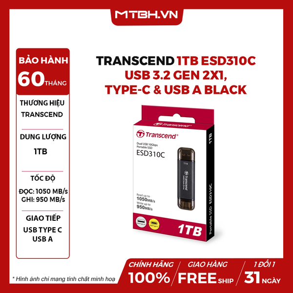Ổ Cứng di Động SSD Transcend 1TB ESD310C, USB 3.2 Gen 2x1, Type-C & USB A, Black (TS1TESD310C)