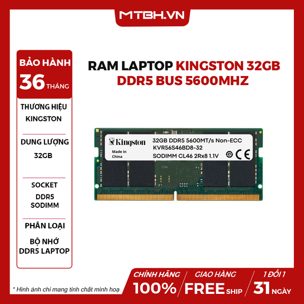 RAM LAPTOP KINGSTON 32GB DDR5 BUS 5600MHz KVR56S46BD8-32