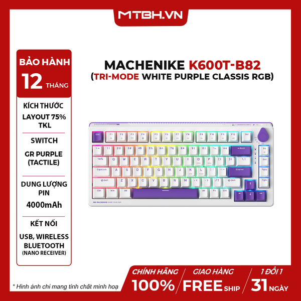 Bàn Phím Cơ Machenike K600T-B82 Tri-Mode White Purple Classis RGB