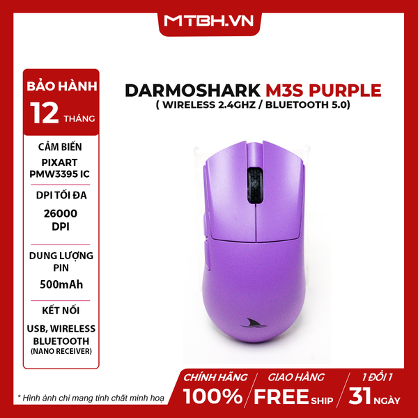 Chuột Darmoshark M3S Purple (3 chế độ kết nối Dây / Wireless 2.4GHz / Bluetooth 5.0)