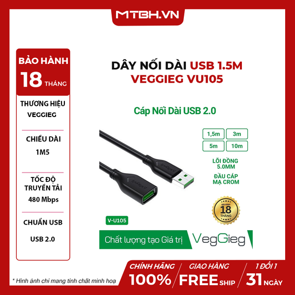 CÁP NỐI DÀI USB 1,5M VEGGIEG VU105