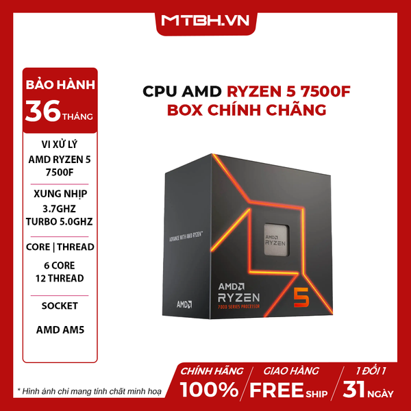 CPU AMD Ryzen 5 7500F ( 6 NHÂN 12 LUỒNG / 3.7 - 5.0 GHz / 38MB ) BOX CHÍNH HÃNG