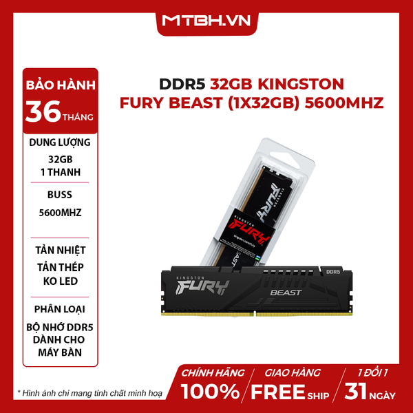 Ram DDR5 32GB Kingston Fury Beast (1x32GB) 5600Mhz