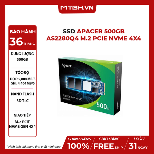 SSD Apacer 500GB AS2280Q4 M.2 PCIe NVMe 4x4 (Đọc 4500MB/S)