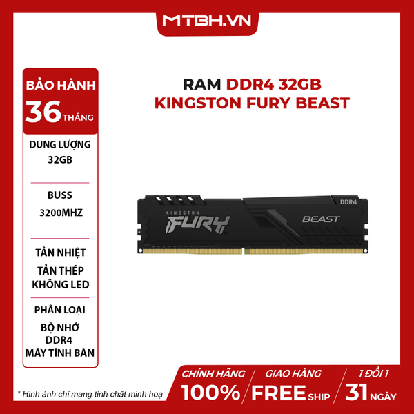 Ram DDR4 32GB Kingston Fury Beast (1x32GB) 3200