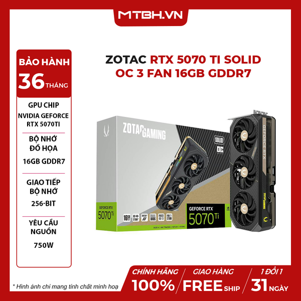 VGA Zotac RTX 5070 Ti SOLID 3 FAN OC 16GB GDDR7