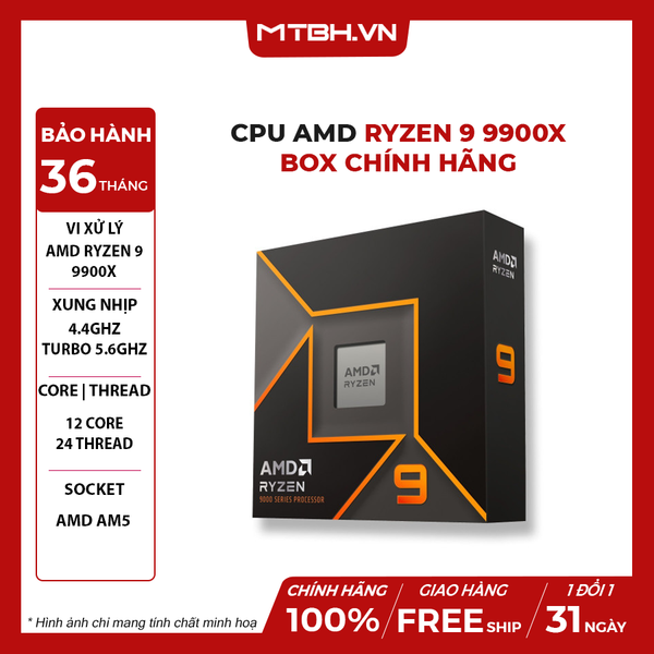 CPU AMD RYZEN 9 9900X ( 12 NHÂN 24 LUỒNG / 4.4 - 5.6 GHz / 76MB) BOX CHÍNH HÃNG