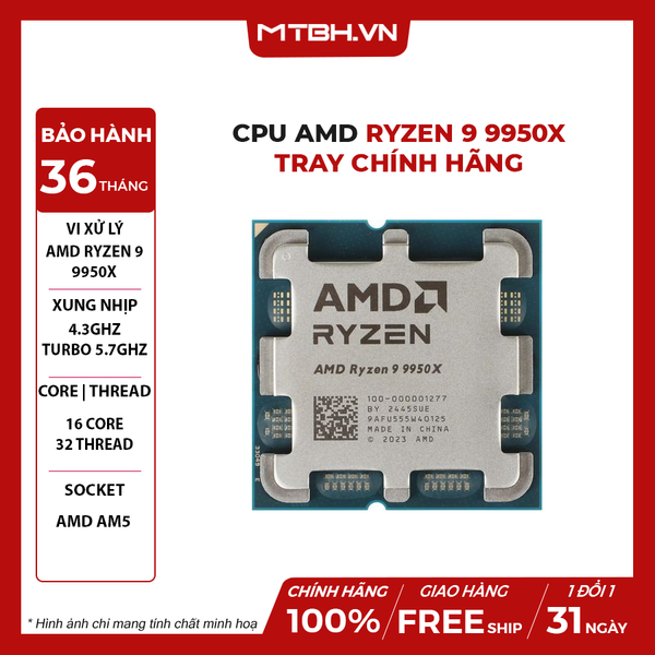 CPU AMD Ryzen 9 9950X ( 16 NHÂN 32 LUỒNG / 4.3 - 5.7 GHz / 81MB / ) TRAY CHÍNH HÃNG