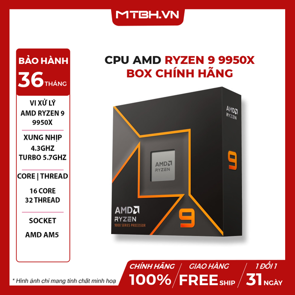 CPU AMD Ryzen 9 9950X ( 16 NHÂN 32 LUỒNG / 4.3 - 5.7 GHz / 81MB / ) BOX CHÍNH HÃNG