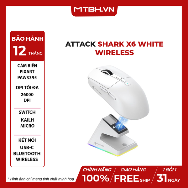 CHUỘT GAMING KHÔNG DÂY ATTACK SHARK X6 WHITE - PIXART PAW3395 | SIÊU NHẸ | 3 MODE | DOCK