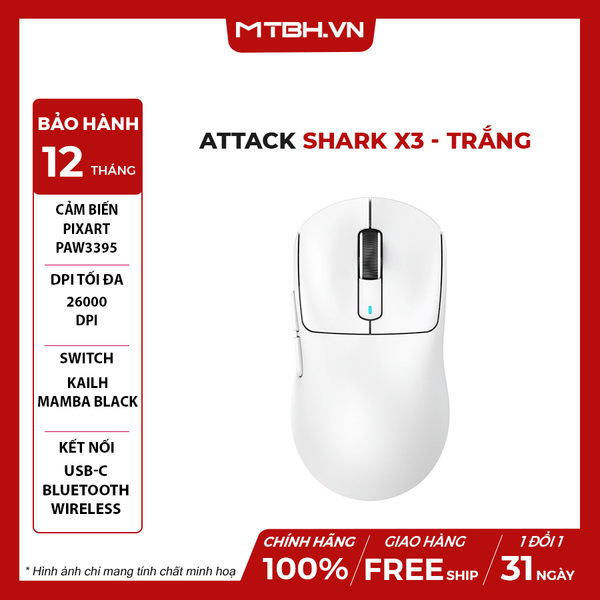 CHUỘT GAMING KHÔNG DÂY ATTACK SHARK X3 - TRẮNG / Pixart 3395 / BLUETOOTH / WIRELESS 2.4G / Type-C | SIÊU NHẸ 50g