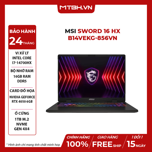 LAPTOP GAMING MSI SWORD 16 HX B14VEKG-856VN CORE i7-14700HX | RTX 4050 6GB | 16GB RAM | 1TB SSD | 16' FHD+ 165Hz 100% sRGB | Win 11