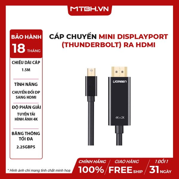 Cáp chuyển Mini DisplayPort (Thunderbolt) ra HDMI dài 1.5M độ phân giải 4K (MD101) Ugreen 20848