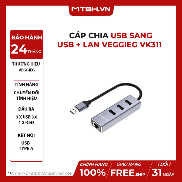 CÁP CHIA USB SANG USB + LAN VEGGIEG VK311 - 3 USB + RJ45