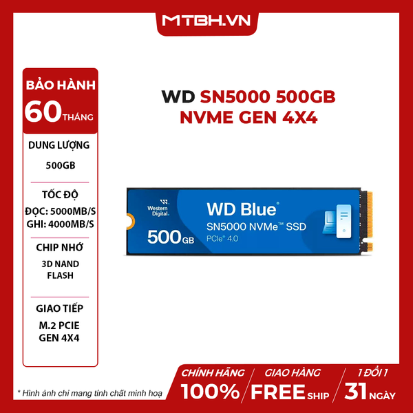 SSD WD 500GB SN5000 NVMe Gen 4x4 (WDS500G4B0E) (Đọc: 5000Mb/s)