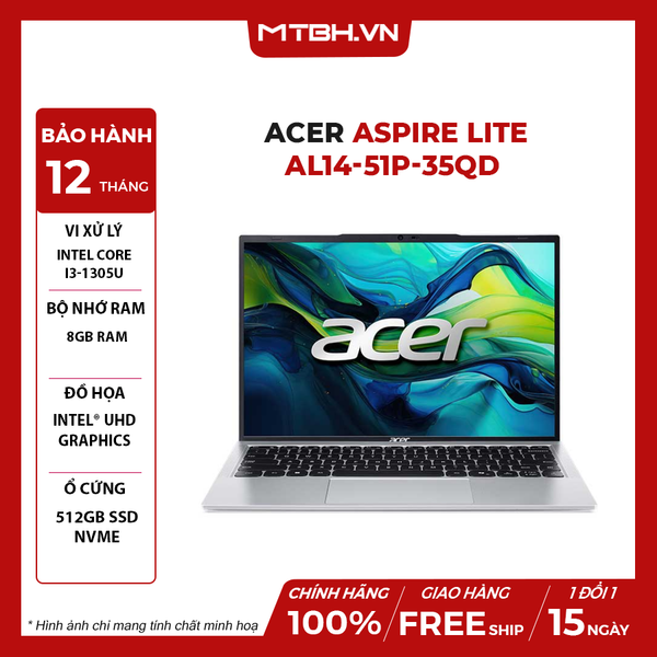 LAPTOP ACER ASPIRE LITE AL14-51P-35QD CORE i3-1305U | 8GB RAM | 512GB SSD | Intel UHD Graphics | 14' FHD+ IPS | Win 11