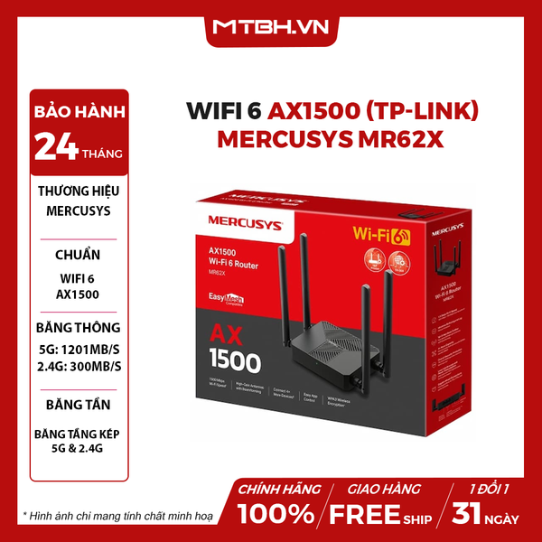 Bộ Phát WiFi 6 AX1500 (TP-Link) Mercusys MR62X - MU-MIMO | OFDMA | WPA3