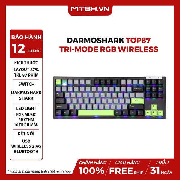 Bàn Phím Cơ Darmoshark TOP87 Tri-mode RGB Wireless