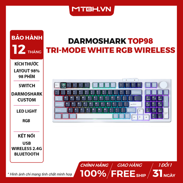 Bàn Phím Cơ Darmoshark TOP98 Tri-mode White RGB Wireless