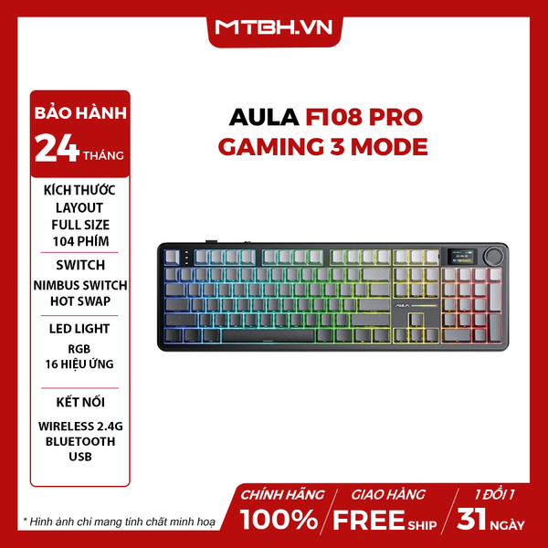BÀN PHÍM CƠ AULA F108 PRO GAMING 3 MODE BLACK