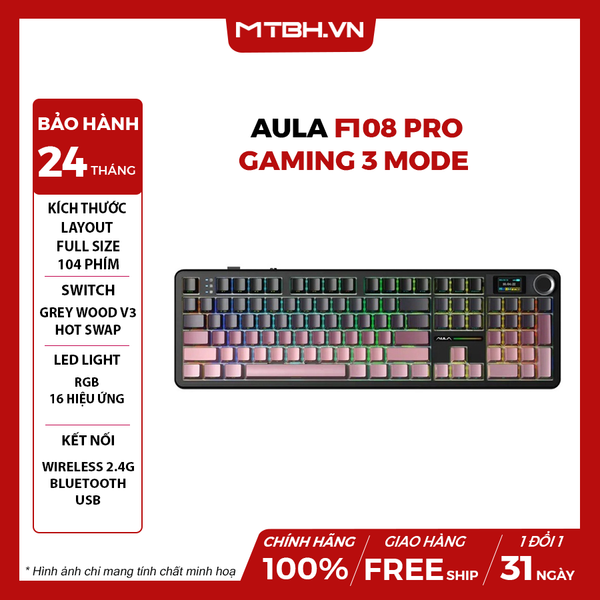 BÀN PHÍM CƠ AULA F108 PRO GAMING 3 MODE (Đen + Hồng / Grey Wood V3 Switch)