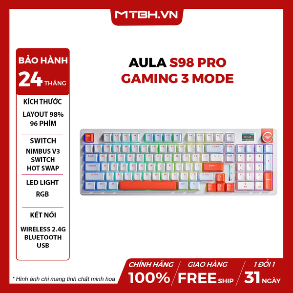 BÀN PHÍM CƠ AULA S98 PRO GAMING 3 MODE (Phiên bản Xanh dương + Trắng + Cam/ Nimbus V3 Switch)