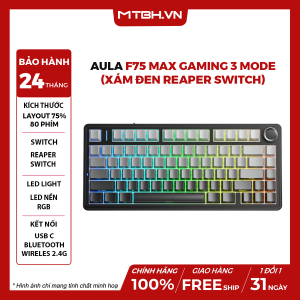 BÀN PHÍM CƠ AULA F75 MAX GAMING 3 MODE (Xám Đen Reaper switch)