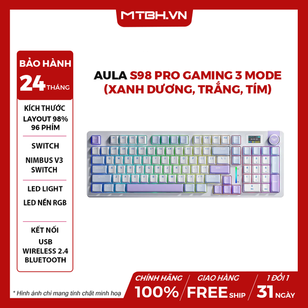 BÀN PHÍM CƠ AULA S98 PRO GAMING 3 MODE (Xanh dương + Trắng + Tím/ Nimbus V3 Switch)