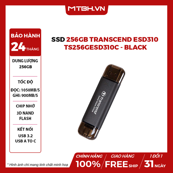 Ổ cứng di động SSD 256GB Transcend ESD310 1050MB/s TS256GESD310C - Black | Type C/A