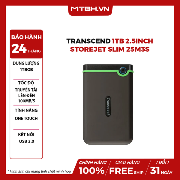Ổ cứng di động Transcend 1TB 2.5inch StoreJet Slim 25M3S (TS1TSJ25M3S)