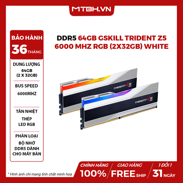 RAM DDR5 64GB GSkill Trident Z5 6000 MHz RGB (2x32GB) White